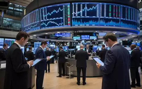 Editorial-Foto vom Börsenparkett mit Finanzcharts auf Bildschirmen, American Express Co. (US0258161092), Kreditkartenbranche Marktbild professionell - Foto: THN