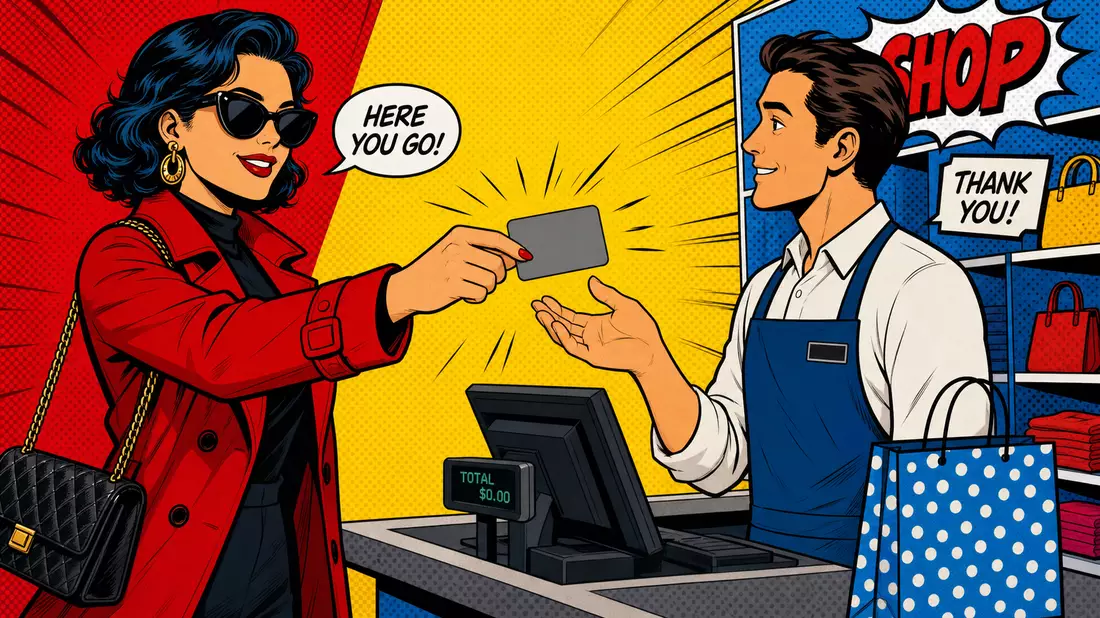 Pop-Art-Comic-Illustration einer Person, die mit einer Kreditkarte bezahlt