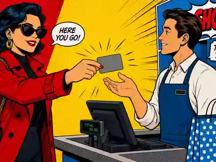 Pop-Art-Comic einer Bezahlszene mit Kreditkarte im Geschäft, American Express Co. (US0258161092), Kreditkartenbranche bunte Illustration - Foto: THN
