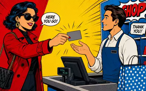 Pop-Art-Comic einer Bezahlszene mit Kreditkarte im Geschäft, American Express Co. (US0258161092), Kreditkartenbranche bunte Illustration - Foto: THN