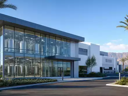 Amgen Inc. (ISIN US0311621009) zeigt fotorealistisch eine moderne Biotech-Anlage mit Bioreaktoren in Kalifornien - Foto: THN