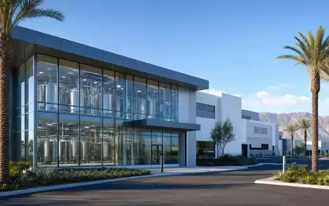 Amgen Inc. (ISIN US0311621009) zeigt fotorealistisch eine moderne Biotech-Anlage mit Bioreaktoren in Kalifornien - Foto: THN