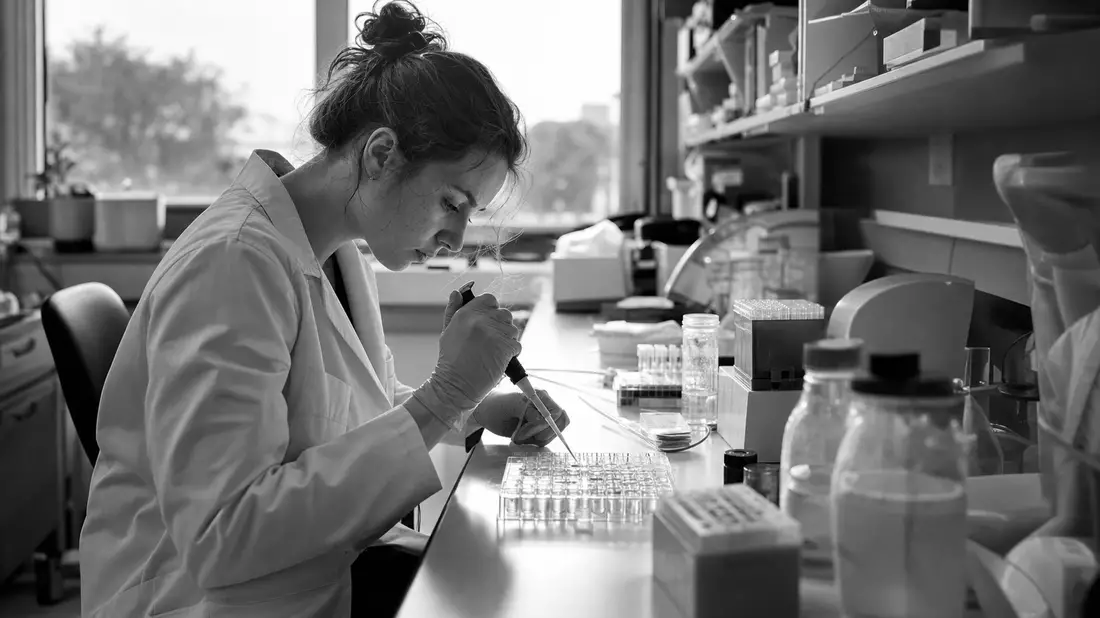 Schwarzweiß-Reportagefoto einer Wissenschaftlerin, die mit Pipette und Zellkultur-Proben im Labor arbeitet