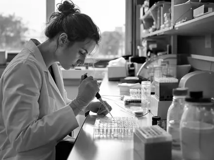 Amgen Inc. (ISIN US0311621009) inspirierte diese dokumentarische Schwarzweiß-Aufnahme einer Forscherin im Biotech-Labor - Foto: THN