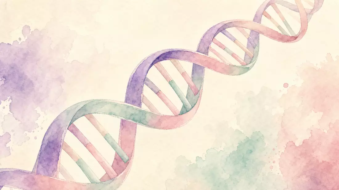 A soft watercolor illustration of a stylized DNA double helix rendered in pastel lavender, mint gree