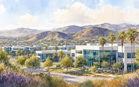 Amgen Inc. (ISIN US0311621009) wird hier als Aquarell-Landschaft mit kalifornischem Biotech-Campus dargestellt - Foto: THN