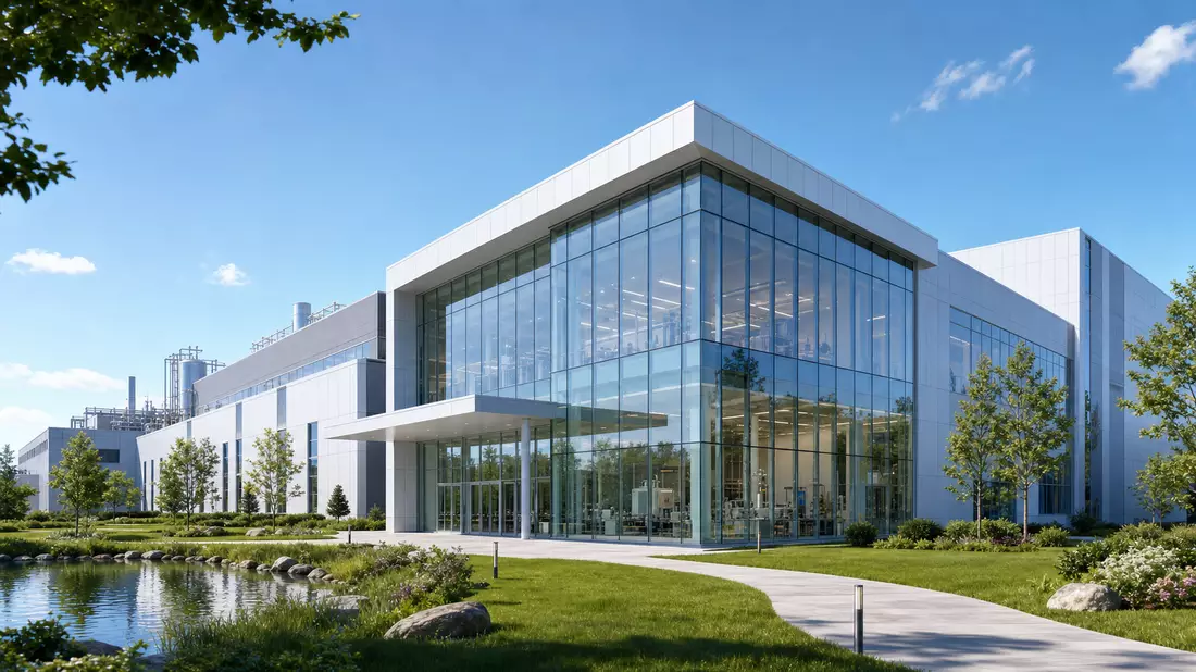 Architektonischer 3D-Render eines modernen Biopharma-Gebäudes mit Glasfassade und gepflegter Grünanlage