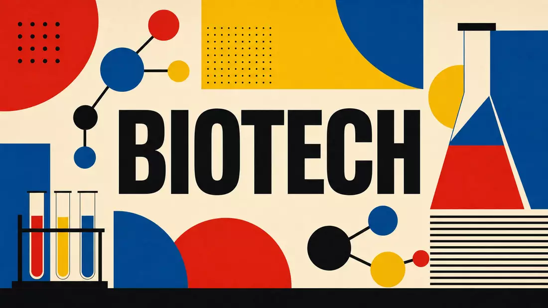 Bauhaus-Poster mit geometrischen Formen, Molekülstrukturen und großem Schriftzug BIOTECH in Primärfarben