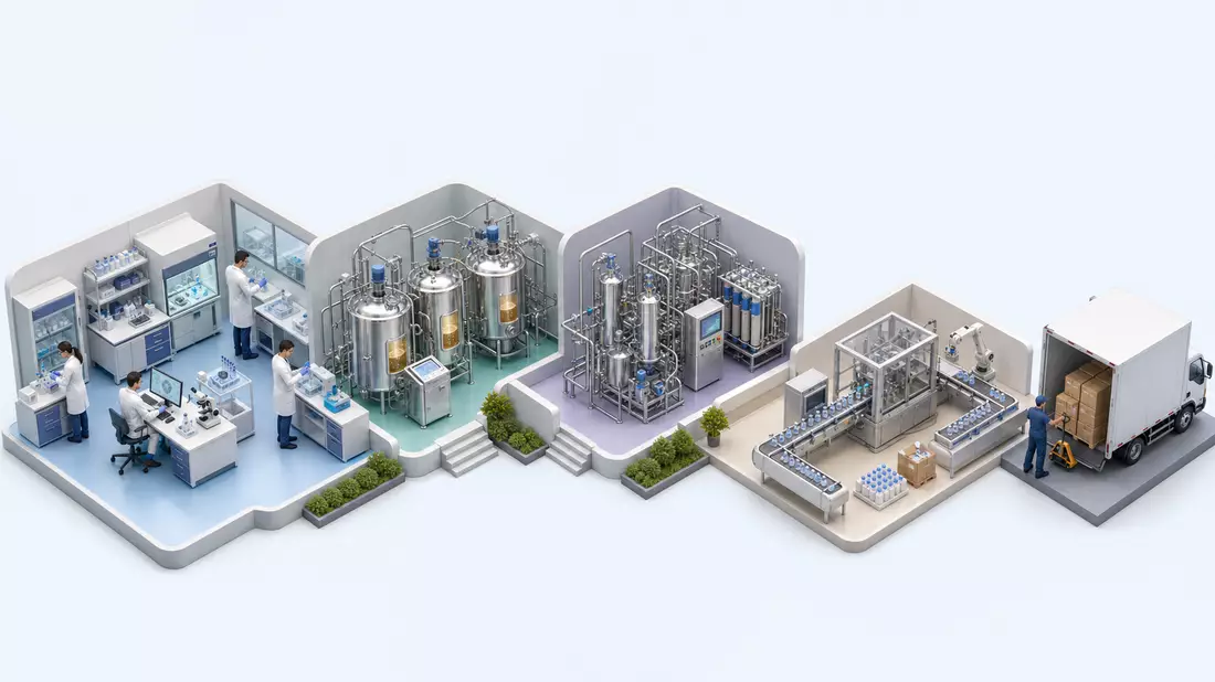 Isometrische 3D-Illustration einer biopharmazeutischen Wertschöpfungskette von Labor bis Vertrieb mit Bioreaktoren