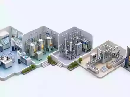 Amgen Inc. (ISIN US0311621009) dargestellt als isometrisches 3D-Diagramm der biopharmazeutischen Wertschöpfungskette von Labor bis Versand - Foto: THN