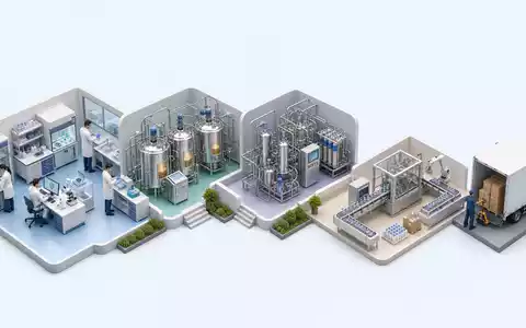 Amgen Inc. (ISIN US0311621009) dargestellt als isometrisches 3D-Diagramm der biopharmazeutischen Wertschöpfungskette von Labor bis Versand - Foto: THN