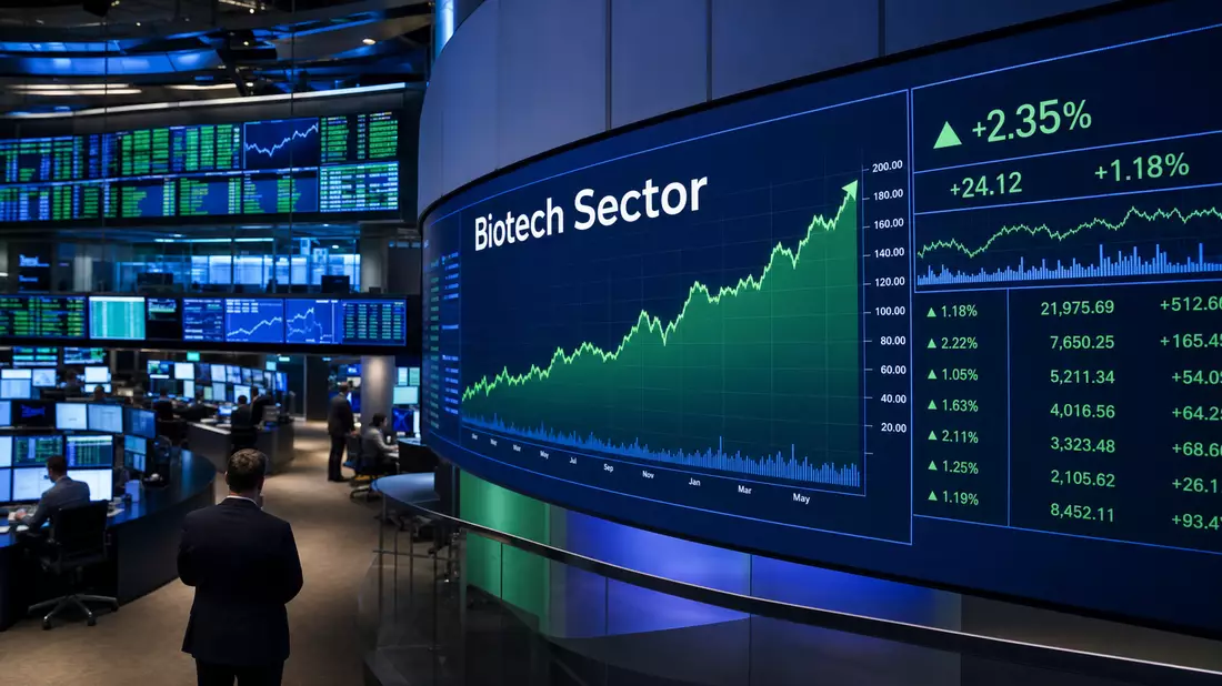 Editorial-Aufnahme eines Nasdaq-Handelssaals mit großen Bildschirmen und steigenden Biotech-Sektor-Kurscharts