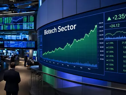 Amgen Inc. (ISIN US0311621009) thematisiert dieses Börsen-Editorial mit Nasdaq-Handelssaal und ansteigenden Biotech-Sektor-Kurscharts auf großen Bildschirmen - Foto: THN