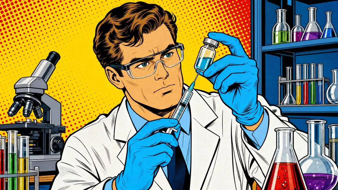 Pop-Art-Comic-Illustration eines Wissenschaftlers mit Spritze und Fläschchen vor buntem Halbton-Punktmuster