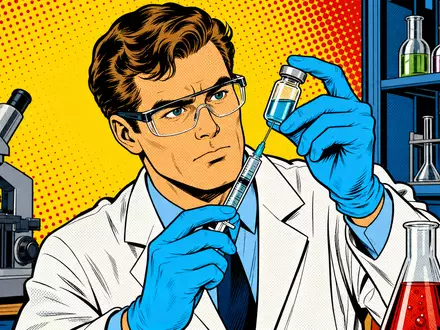 Amgen Inc. (ISIN US0311621009) präsentiert sich hier als farbenfrohe Pop-Art-Comic-Szene mit forschendem Laborwissenschaftler - Foto: THN