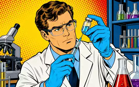 Amgen Inc. (ISIN US0311621009) präsentiert sich hier als farbenfrohe Pop-Art-Comic-Szene mit forschendem Laborwissenschaftler - Foto: THN