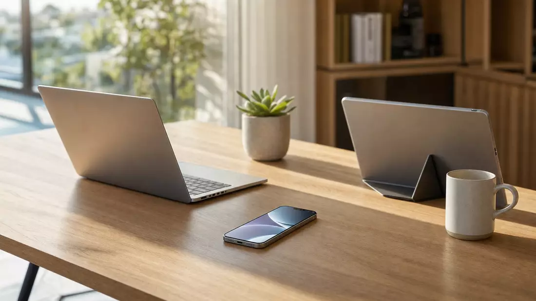 Photorealistic wide-angle shot of a clean minimalist designer desk with unbranded silver aluminum sm