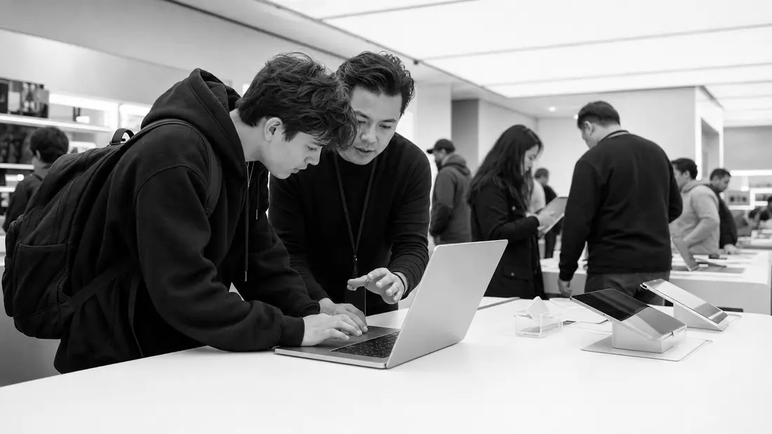 Black and white documentary reportage photograph inside a bright modern tech retail store. A young p