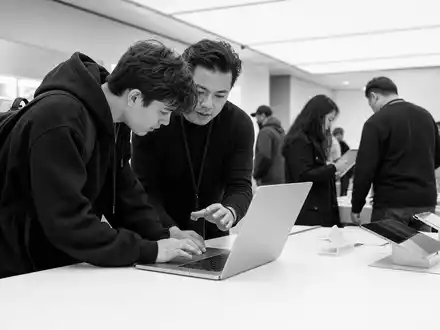 Apple Inc. (US0378331005) dokumentiert Tech-Kunden in einem hellen modernen Store beim Ausprobieren von Geräten. - Foto: THN