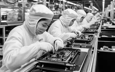 Dokumentarische Schwarzweiß-Reportage zeigt Fertigungshalle für Unterhaltungselektronik von Apple Inc., ISIN US0378331005, mit Arbeitern - Foto: THN