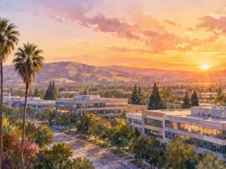 Aquarellmalerei zeigt Skyline von Cupertino Kalifornien mit Palmen für Apple Inc., ISIN US0378331005, künstlerisch interpretiert - Foto: THN