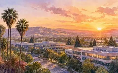 Aquarellmalerei zeigt Skyline von Cupertino Kalifornien mit Palmen für Apple Inc., ISIN US0378331005, künstlerisch interpretiert - Foto: THN
