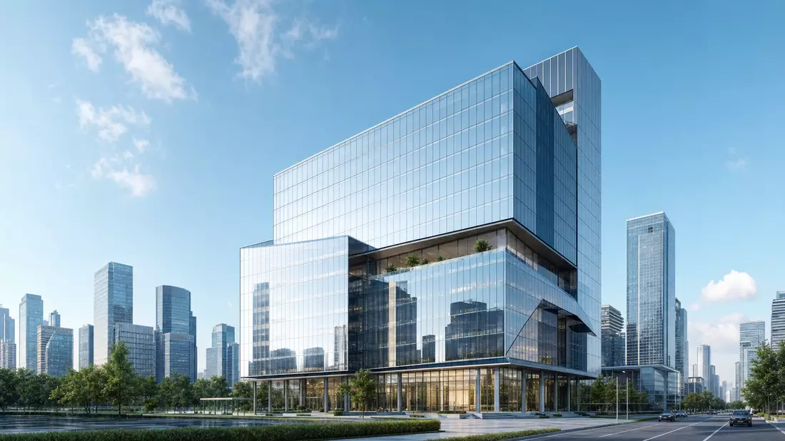 Architekturvisualisierung eines modernen Glas-Hochhauses in einer Stadt-Skyline