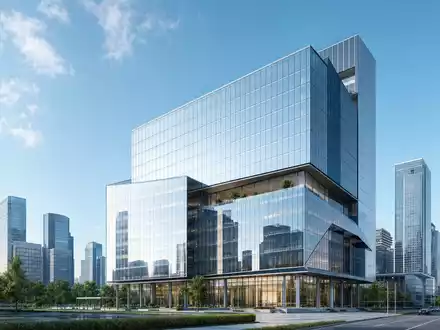 Architektonisches 3D-Render eines futuristischen Bürohochhauses für Apple Inc., ISIN US0378331005, in urbaner Skyline-Umgebung - Foto: THN