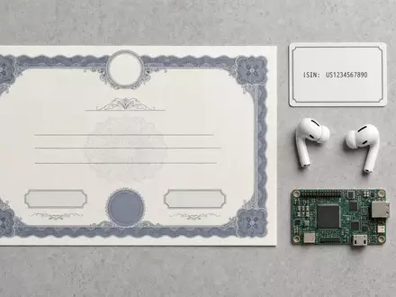 Flatlay-Arrangement zeigt Aktienzertifikat, ISIN-Karte und Elektronik-Zubehör für Apple Inc., ISIN US0378331005, ordentlich angeordnet - Foto: THN
