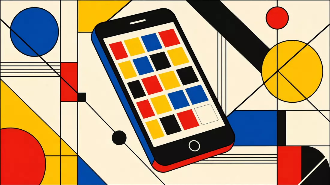 Bauhaus design poster with a geometric minimal smartphone shape in flat bold primary colors. The scr