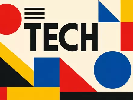 Bauhaus-Poster mit geometrischen Formen und Text TECH für Apple Inc., ISIN US0378331005, kräftig gestaltet - Foto: THN