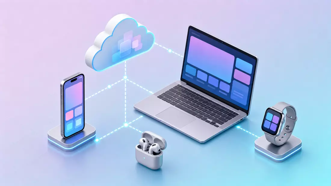 Isometric 3D digital illustration of a connected tech ecosystem. Floating silver unbranded devices —