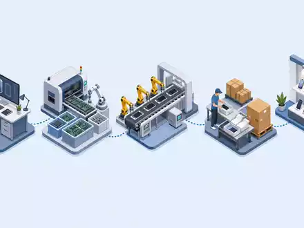 Isometrische 3D-Illustration zeigt Wertschöpfungskette von Design bis Vertrieb fĂŒr Apple Inc., ISIN US0378331005, schematisch dargestellt - Foto: THN