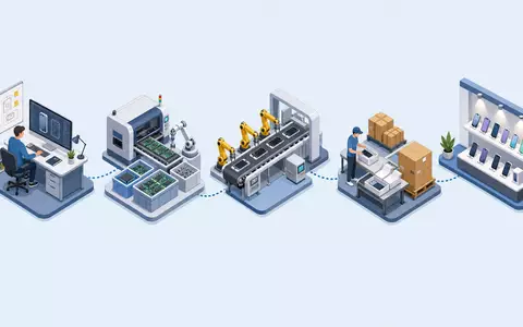 Isometrische 3D-Illustration zeigt Wertschöpfungskette von Design bis Vertrieb für Apple Inc., ISIN US0378331005, schematisch dargestellt - Foto: THN