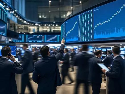 Editorial-Fotografie zeigt Börsenhändler am Trading-Floor mit Technologie-Aktiencharts für Apple Inc., ISIN US0378331005, dynamisch - Foto: THN