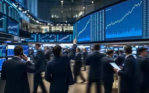 Editorial-Fotografie zeigt Börsenhändler am Trading-Floor mit Technologie-Aktiencharts für Apple Inc., ISIN US0378331005, dynamisch - Foto: THN