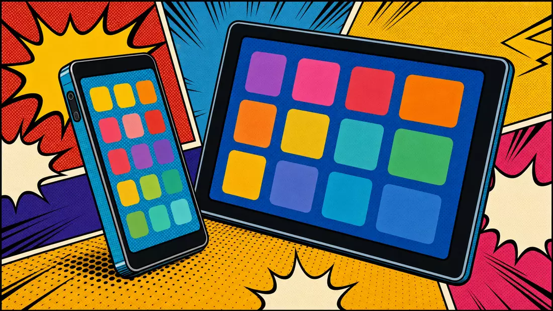 Pop-Art-Comic-Illustration mit bunten Smartphones und Tablets und Halbtonpunkten