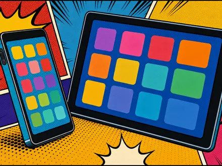 Pop-Art-Comic-Illustration zeigt bunte Szene mit Smartphones und Tablets für Apple Inc., ISIN US0378331005, im Comic-Stil - Foto: THN