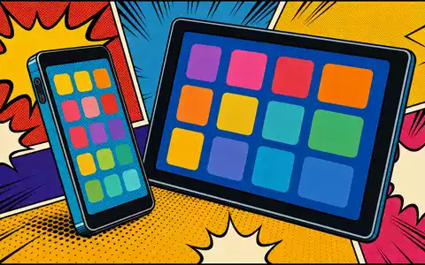 Pop-Art-Comic-Illustration zeigt bunte Szene mit Smartphones und Tablets für Apple Inc., ISIN US0378331005, im Comic-Stil - Foto: THN