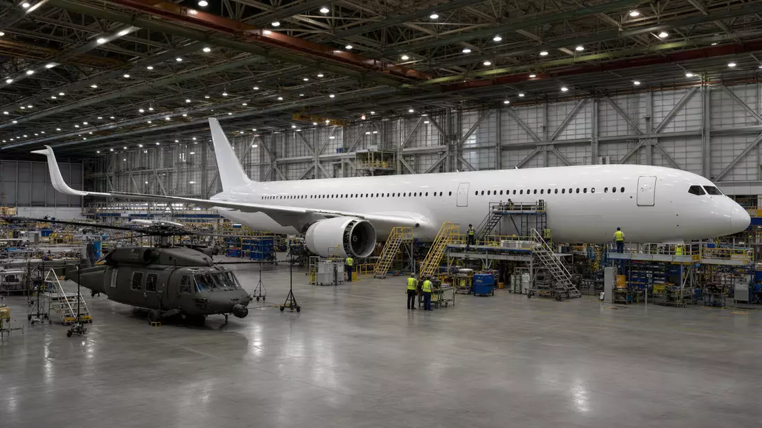 Fotorealistische Endmontagehalle mit generischem zweistrahligen Passagierflugzeug ohne Markenzeichen