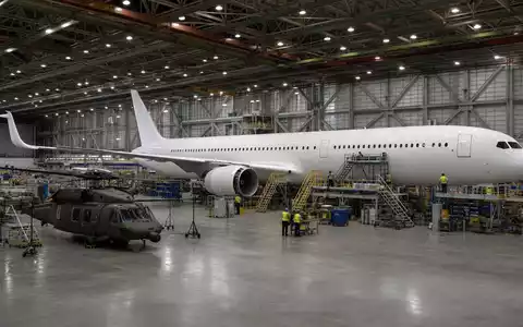 Fotorealistisches Bild zeigt Boeing Company (ISIN US0970231058) mit generischem Flugzeug in Endmontagehalle im Everett-Stil - Foto: THN