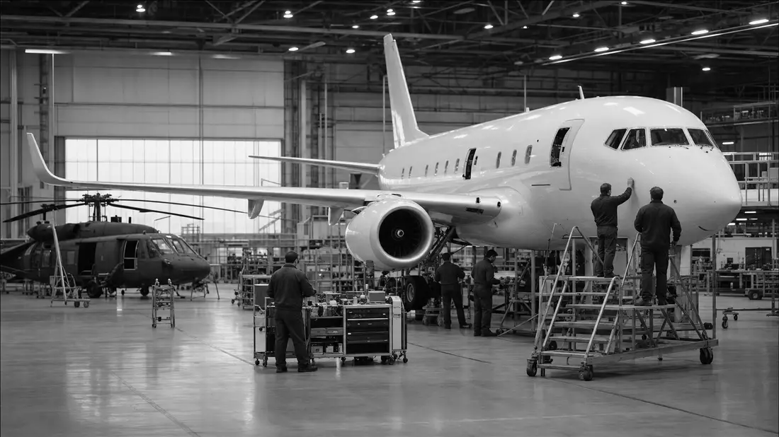 Schwarzweiß-Dokumentarfoto von Technikern an einem unmarkierten Flugzeugrumpf in einer Fabrikhalle