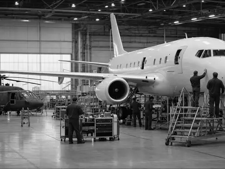 Dokumentarische Schwarzweiß-Reportage zeigt Boeing Company (ISIN US0970231058) mit Technikern am generischen unmarkierten Flugzeugrumpf in Fabrikhalle - Foto: THN