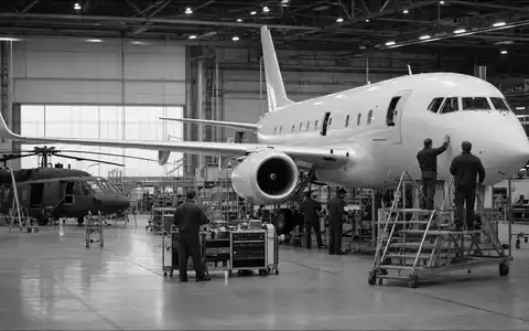 Dokumentarische Schwarzweiß-Reportage zeigt Boeing Company (ISIN US0970231058) mit Technikern am generischen unmarkierten Flugzeugrumpf in Fabrikhalle - Foto: THN