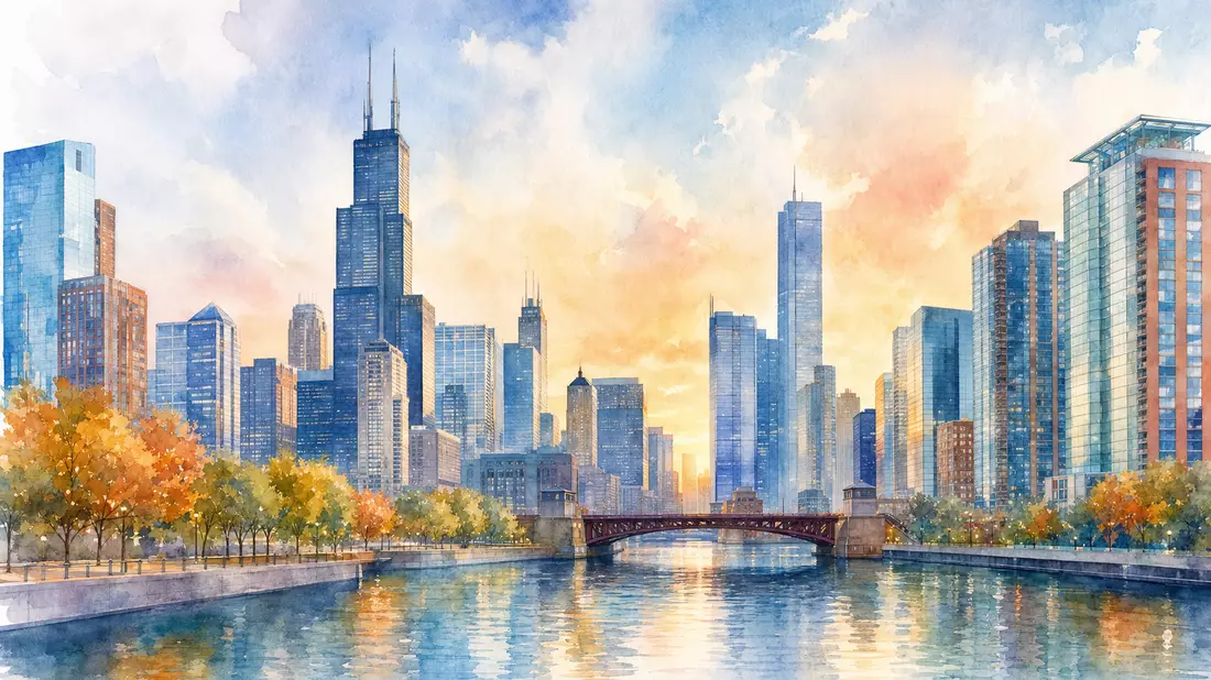 Aquarellbild einer neutralen Bürohochhaus-Skyline am Wasser mit weichen Pastellfarben