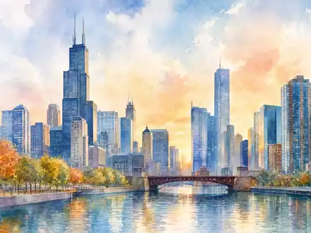 Aquarellmalerei zeigt Boeing Company (ISIN US0970231058) mit Firmensitz-Skyline in Chicago in weicher Farbtechnik - Foto: THN