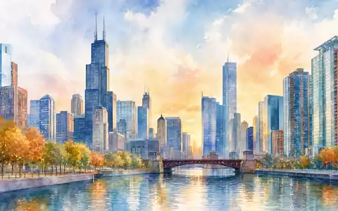 Aquarellmalerei zeigt Boeing Company (ISIN US0970231058) mit Firmensitz-Skyline in Chicago in weicher Farbtechnik - Foto: THN