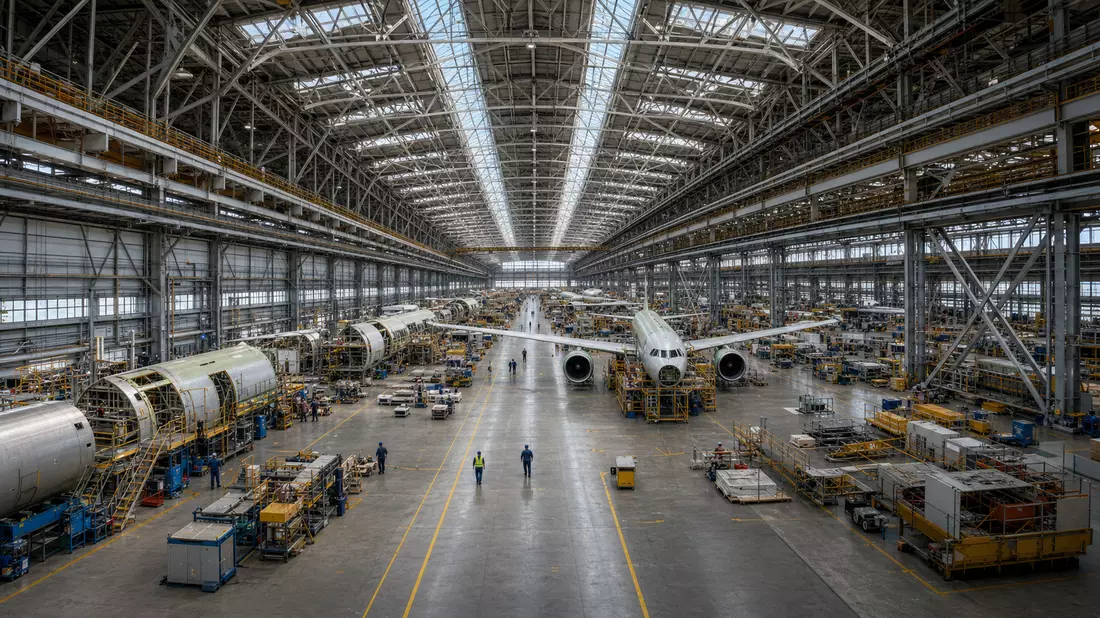 Weitwinkelfotografie einer riesigen Flugzeug-Endmontagehalle mit imposanter Stahlträgerkonstruktion,