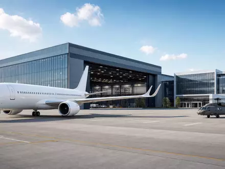 Architektur-Render zeigt Boeing Company (ISIN US0970231058) mit moderner Luft- und Raumfahrt-Produktionsanlage und Flugzeugvorfeld - Foto: THN