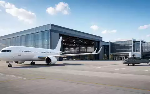 Architektur-Render zeigt Boeing Company (ISIN US0970231058) mit moderner Luft- und Raumfahrt-Produktionsanlage und Flugzeugvorfeld - Foto: THN